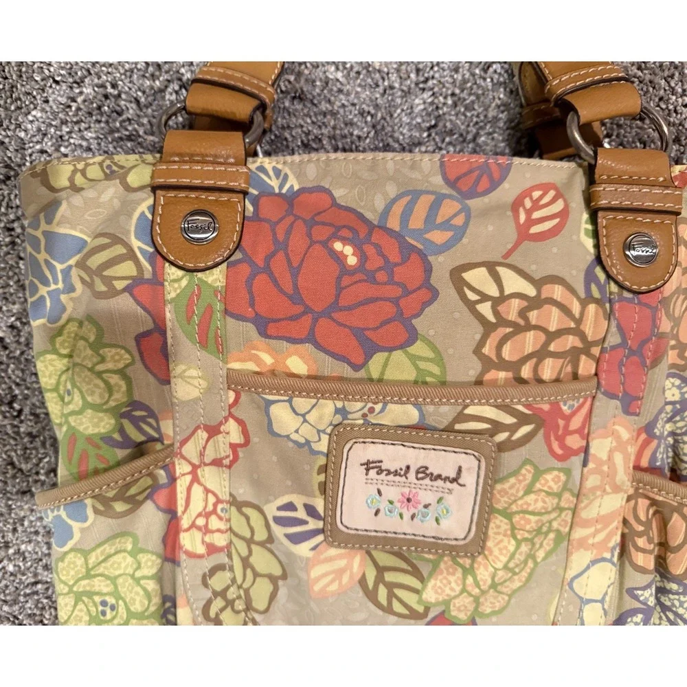 Fossil Key-Per Floral Hobo Tote Bag Canvas & Leather Trim Shoulder Purse